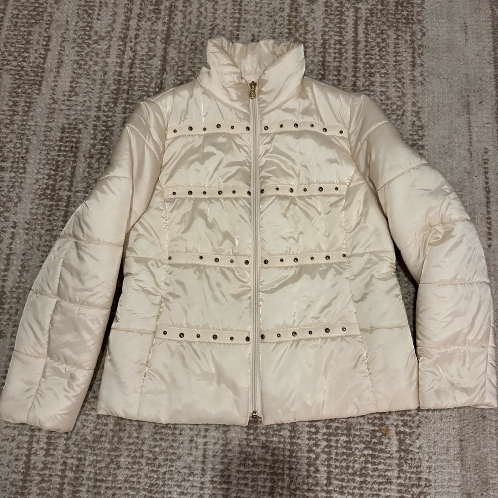 Chico's Women's Ivory White Quilted Puffer Jacket Coat Sz 1 Studded Zip Front